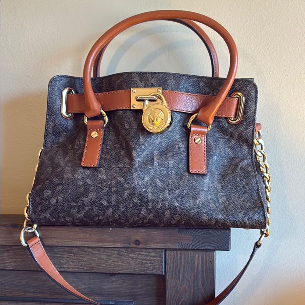 Michael Kors Medium East West Hamilton Brown Satchel with Signature Design